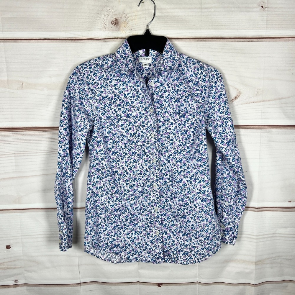 J Crew Top Womens XXS Blue Purple Floral Poplin Shirt Cotton Blend Signature Fit
